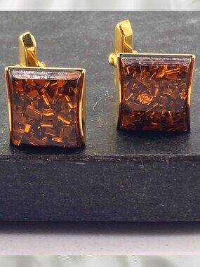 VINTAGE Copper and brown plastic confetti lucite square cuff links groom wedding